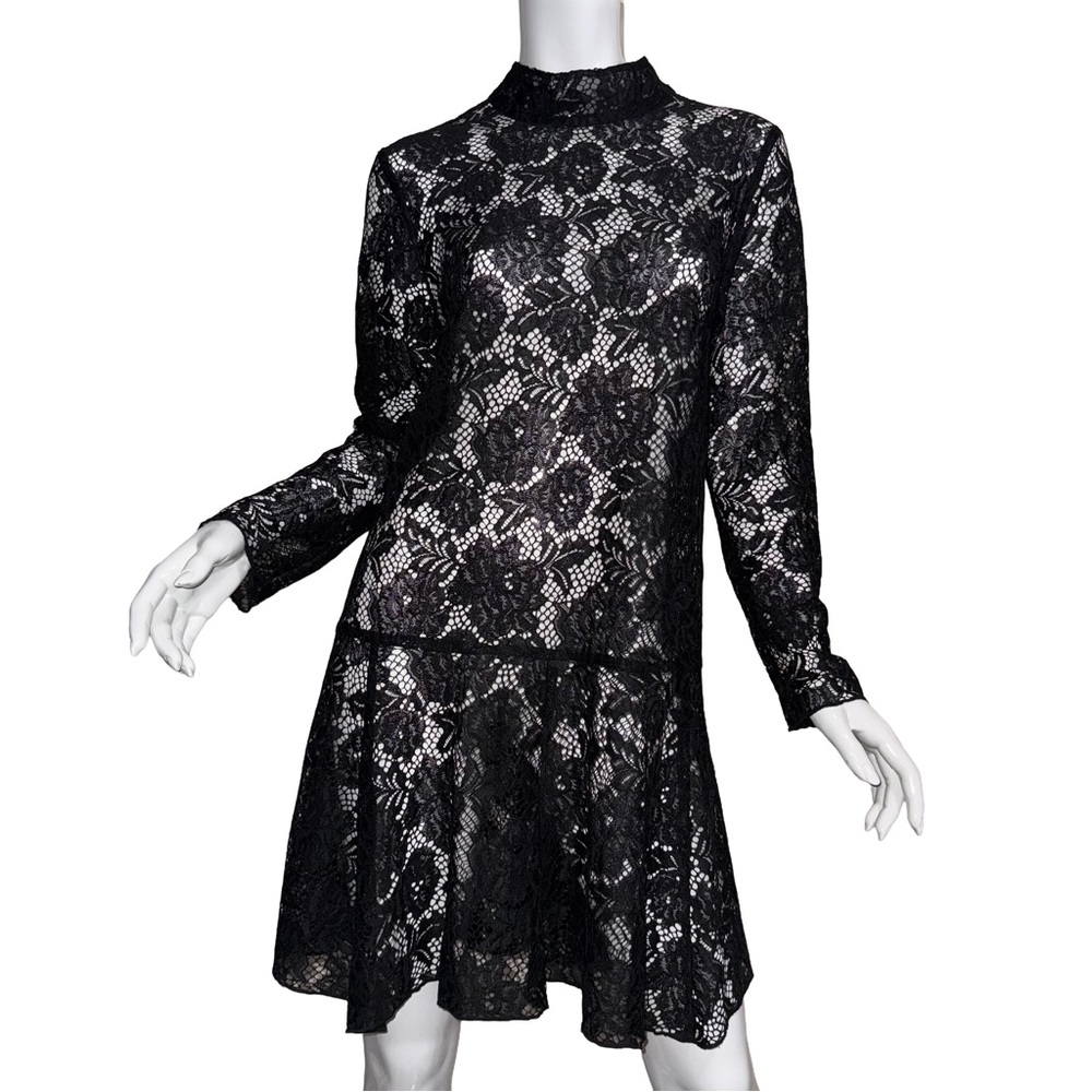 H&M Black Sheer Lace Long Sleeve Mini Dress Drop Hem Witchy Occult Goth Romantic